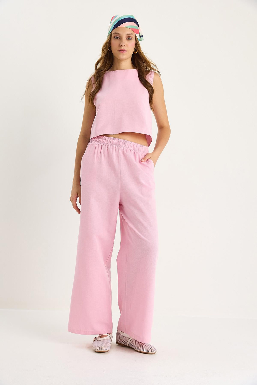 Kadın Kalın Askılı Bluz Beli Lastikli Cep Detaylı Bol Pantolonlu Keten Takım 9384 60281086 - Toz Pembe