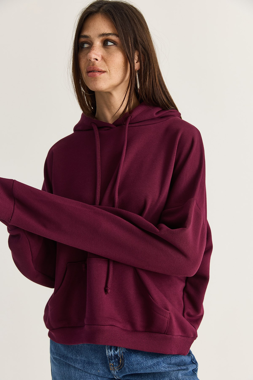 Kadın Kanat Detaylı Taş İşlemeli Kapüşonlu Kanguru Cepli Sweatshirt 4197 60286519 - Mürdüm