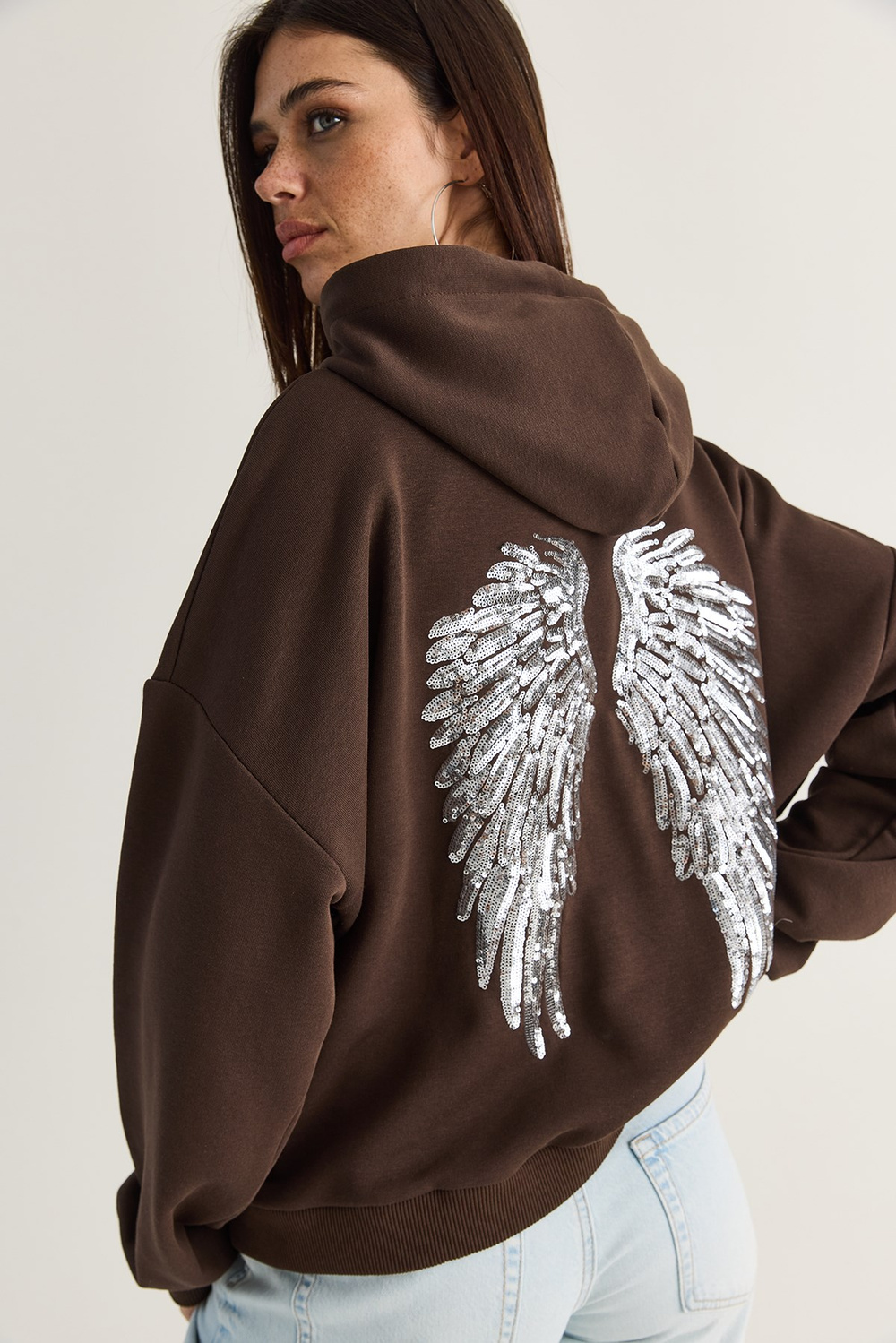 Kadın Kanat Detaylı Taş İşlemeli Kapüşonlu Kanguru Cepli Sweatshirt 4197 60286519 - Acı Kahve