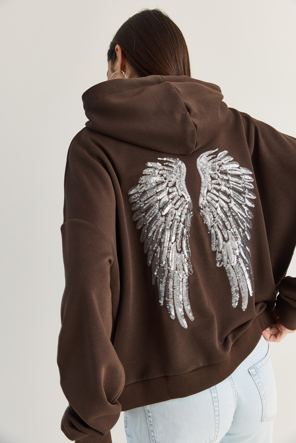 Kadın Kanat Detaylı Taş İşlemeli Kapüşonlu Kanguru Cepli Sweatshirt 4197 60286519 - Acı Kahve