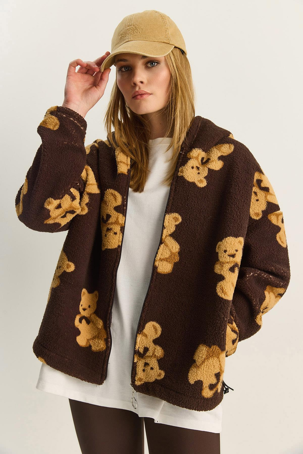 Kadın Kapüşonlu Cep Detaylı Teddy Oversize Polar Sweatshirt 4133 60283893 - Kahverengi