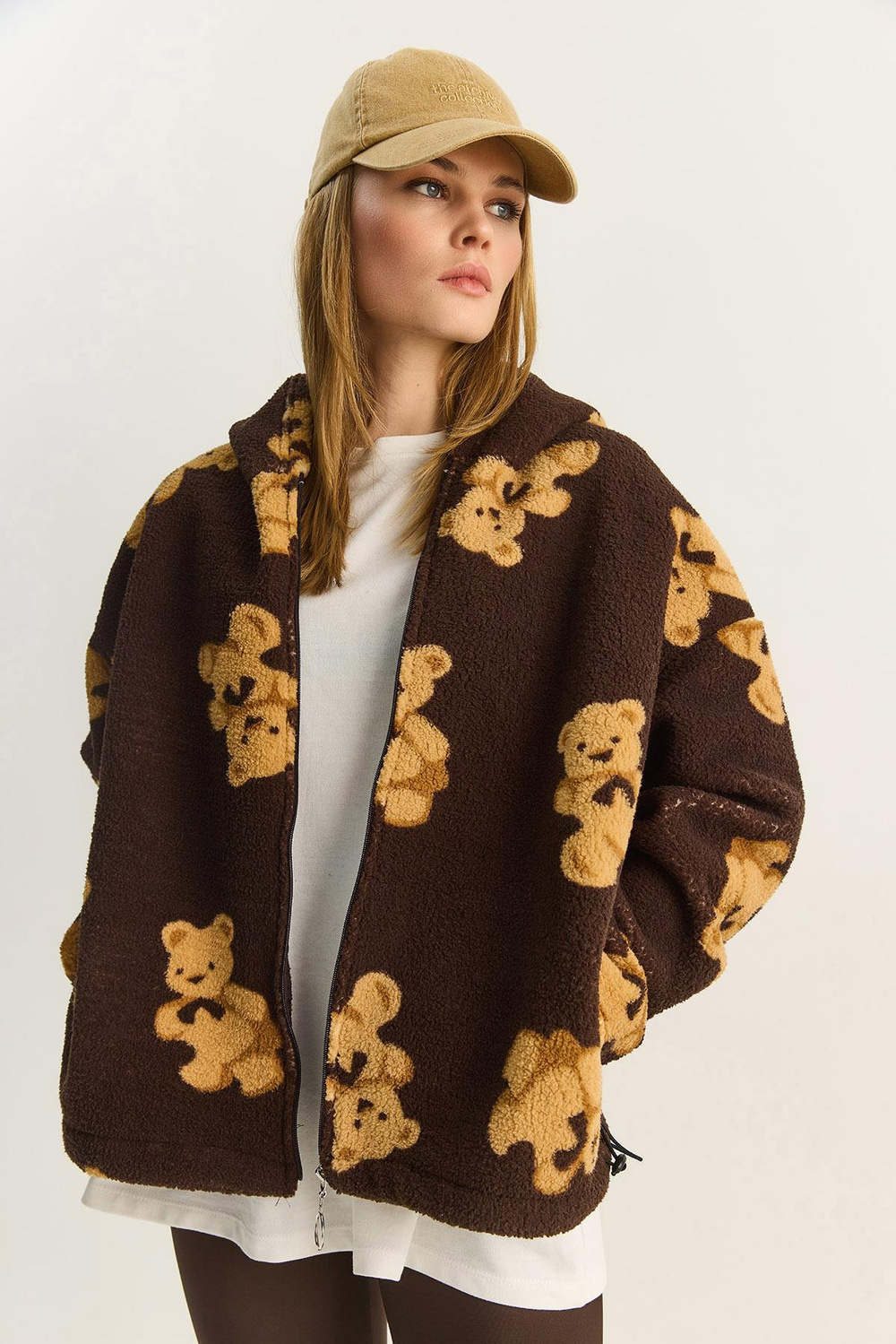 Kadın Kapüşonlu Cep Detaylı Teddy Oversize Polar Sweatshirt 4133 60283893 - Kahverengi