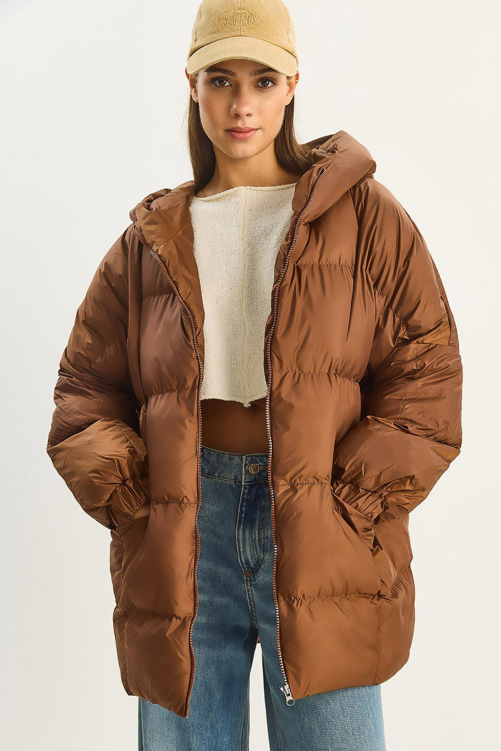 Kadın Kapüşonlu Oversize Yarasa Kol Şişme Mont 60283686 - Kahverengi