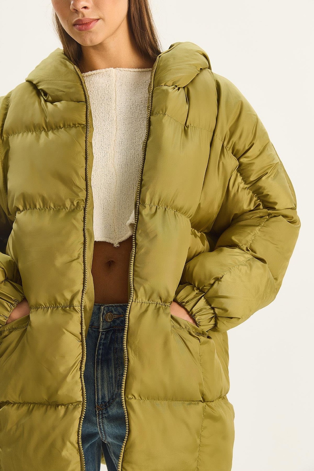 Kadın Kapüşonlu Oversize Yarasa Kol Şişme Mont 60283686 - Yeşil