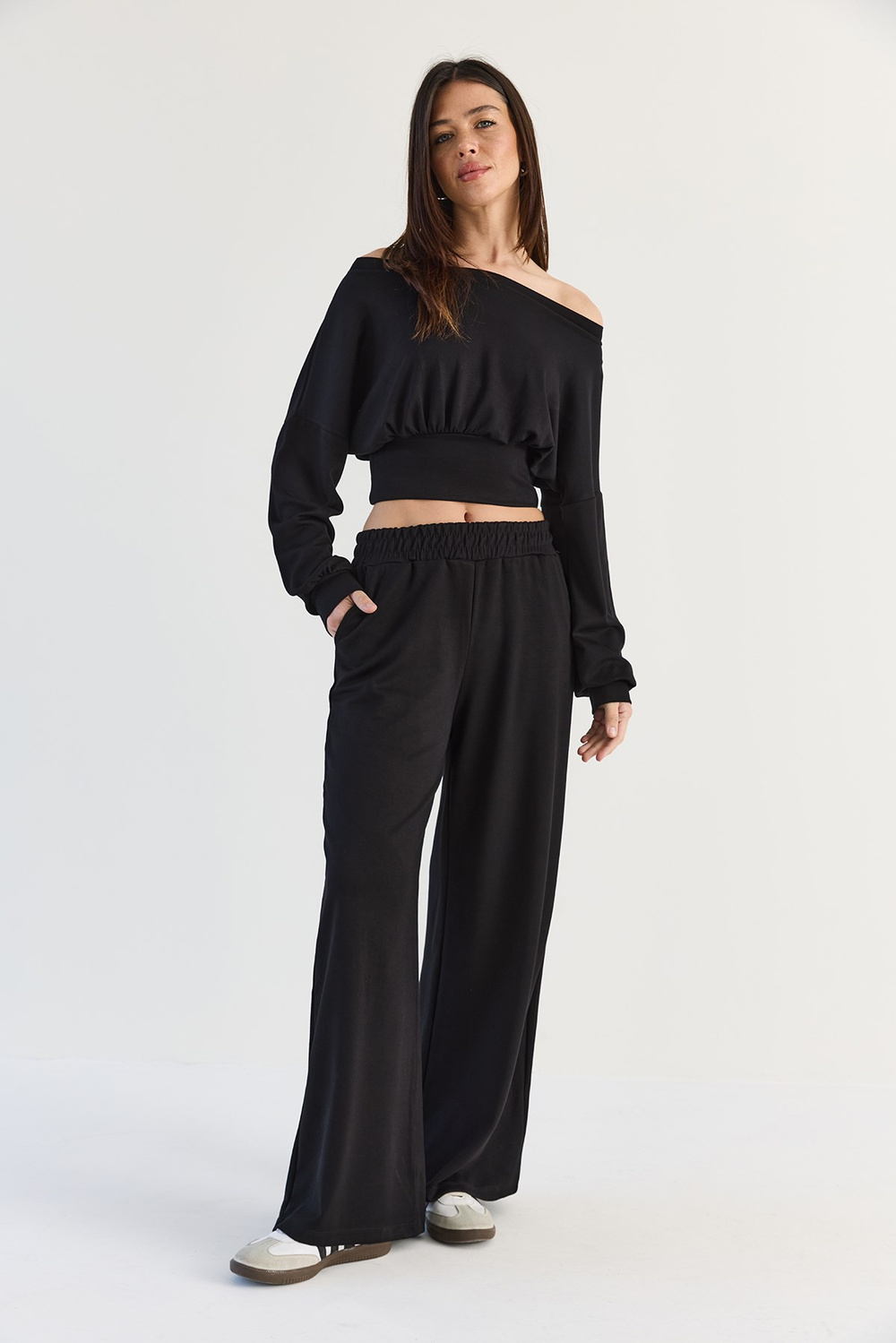 Kadın Kayık Yaka Beli Korseli Crop Bluz Cep Detaylı Palazzo Pantolon Modal Takım 36049 60286542 - Siyah