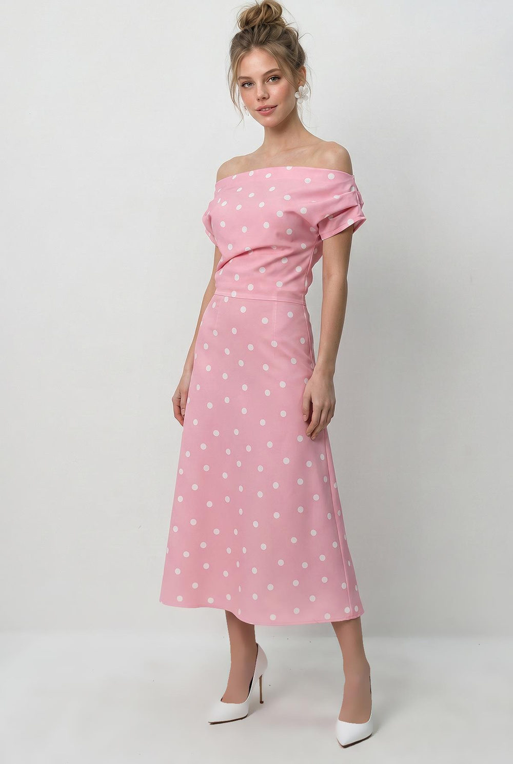Kadın Kayık Yaka Drape Detaylı Puantiyeli Midi Elbise 8708 60286184 - Pembe-Ekru