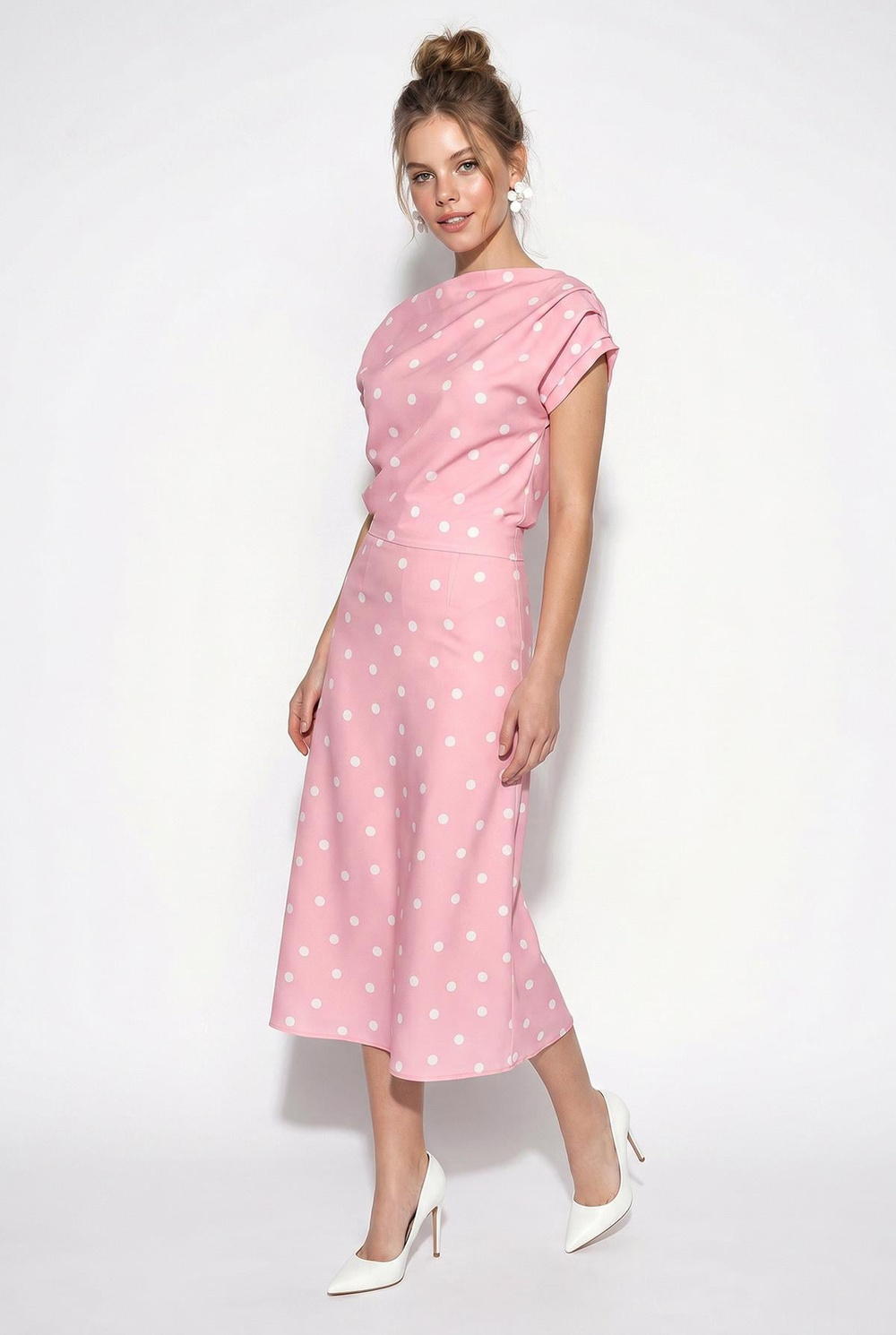 Kadın Kayık Yaka Drape Detaylı Puantiyeli Midi Elbise 8708 60286184 - Pembe-Ekru