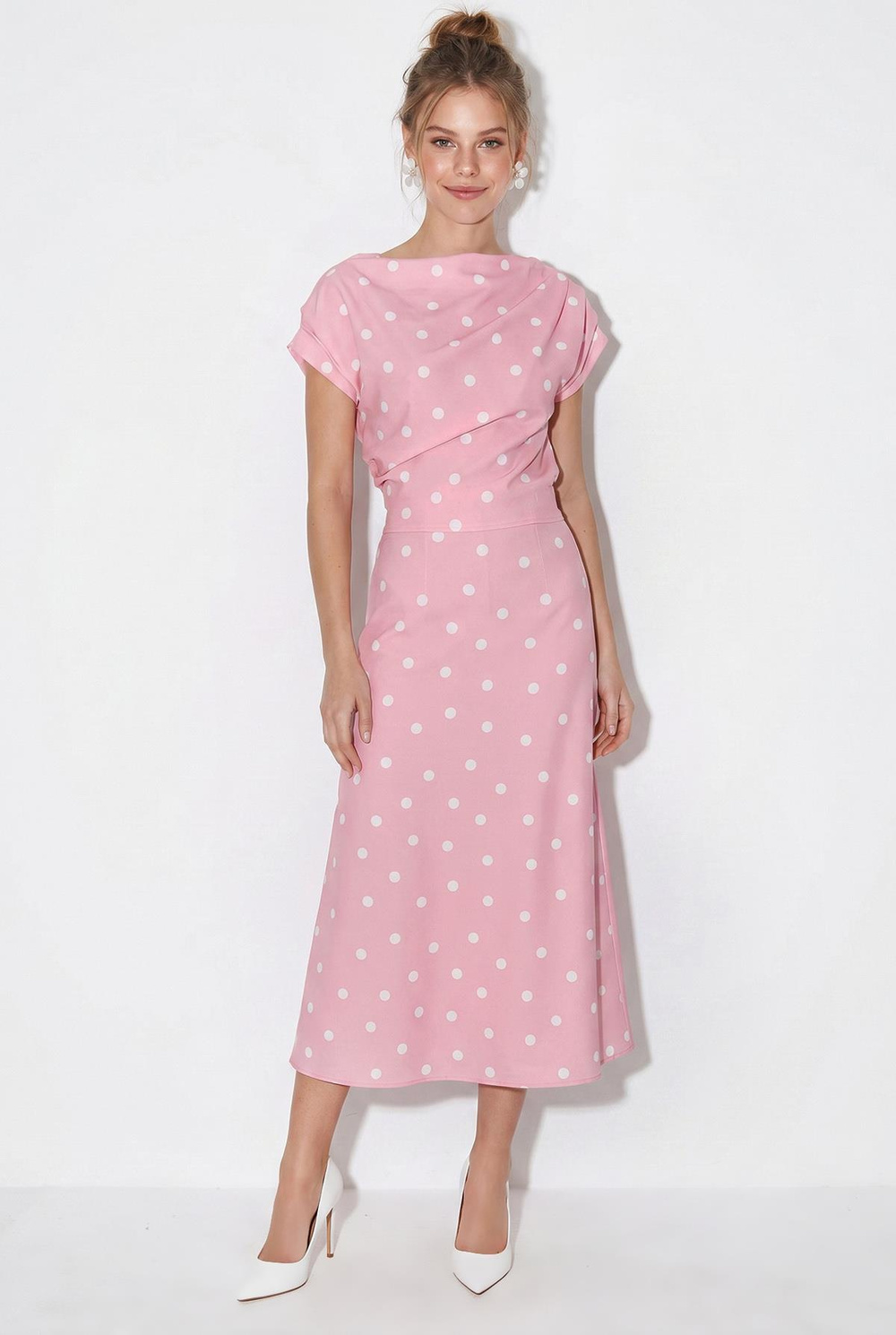 Kadın Kayık Yaka Drape Detaylı Puantiyeli Midi Elbise 8708 60286184 - Pembe-Ekru