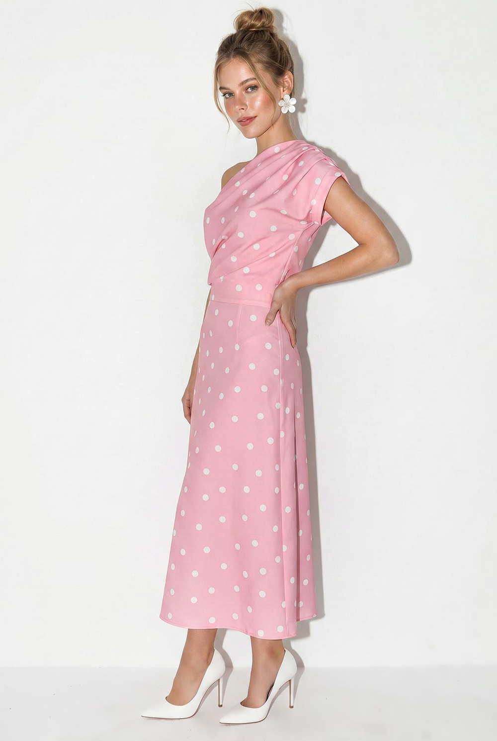 Kadın Kayık Yaka Drape Detaylı Puantiyeli Midi Elbise 8708 60286184 - Pembe-Ekru