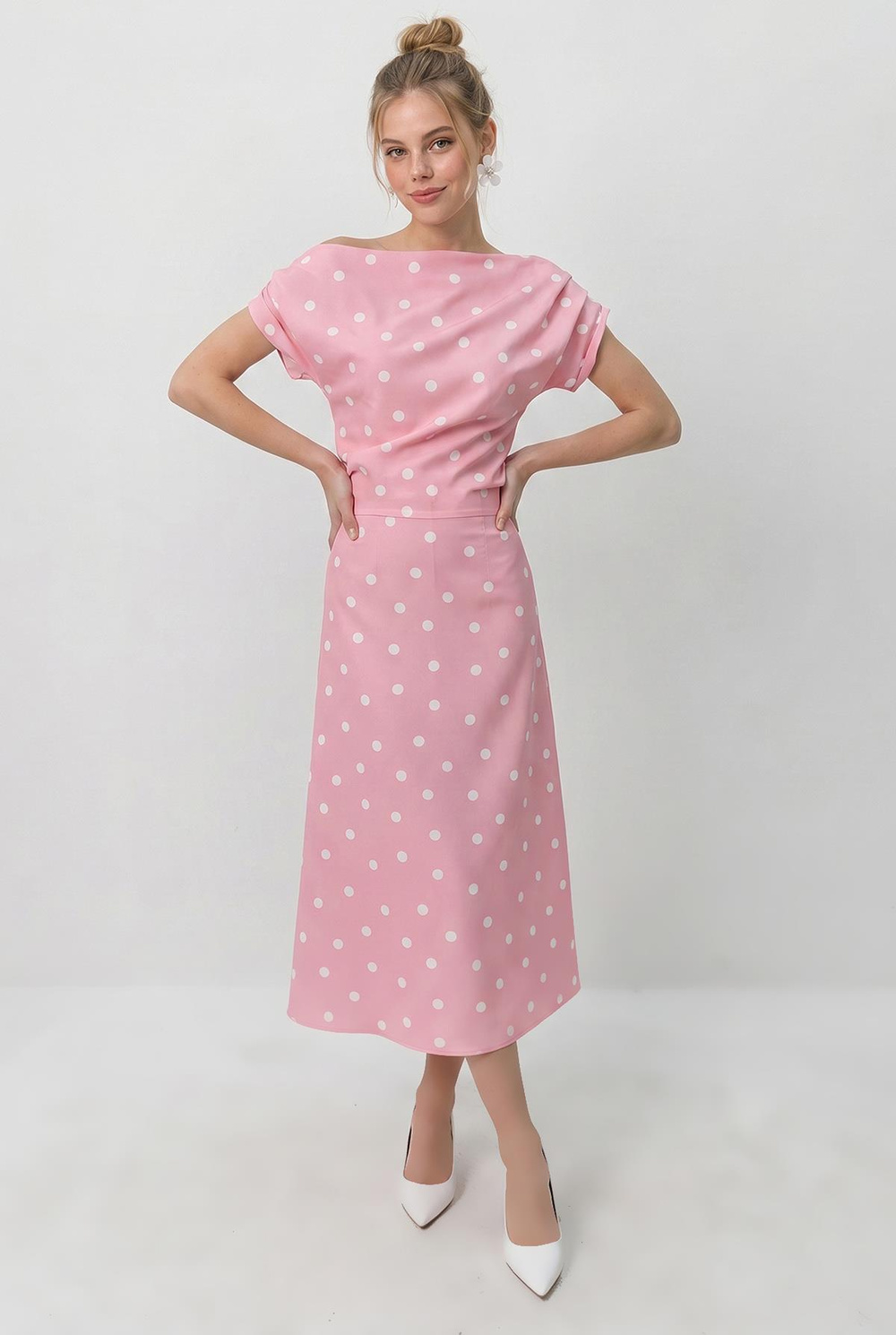Kadın Kayık Yaka Drape Detaylı Puantiyeli Midi Elbise 8708 60286184 - Pembe-Ekru