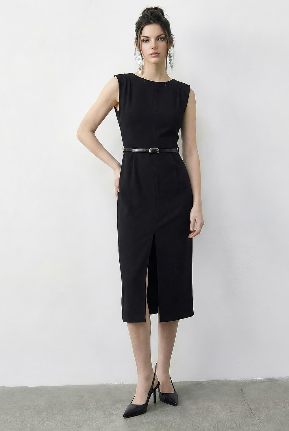 Kadın Kayık Yaka Kemerli Ön Yırtmaç Detaylı Midi Kalem Elbise 0539 60283992 - Siyah