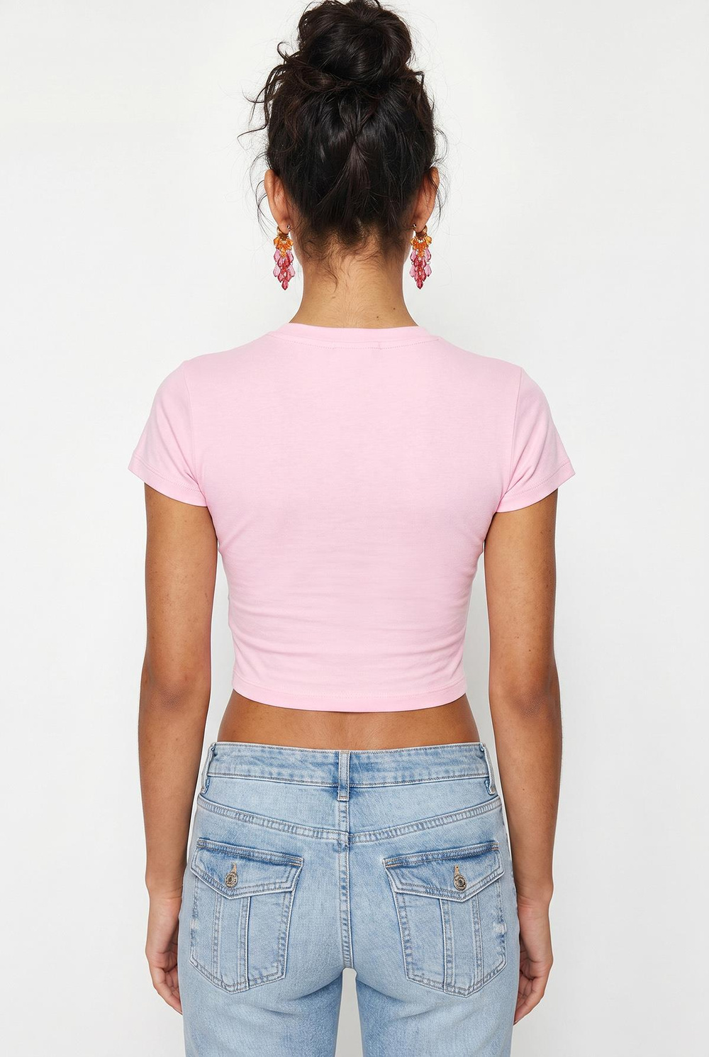 Kadın Kısa Kollu Bisiklet Yaka Crop T-Shirt 60286904 - Pembe