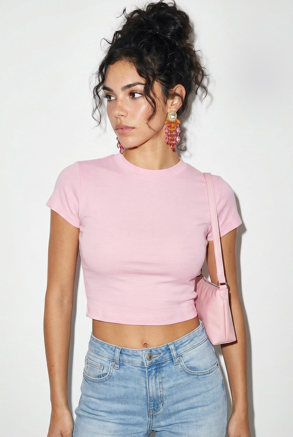 Kadın Kısa Kollu Bisiklet Yaka Crop T-Shirt 60286904 - Pembe