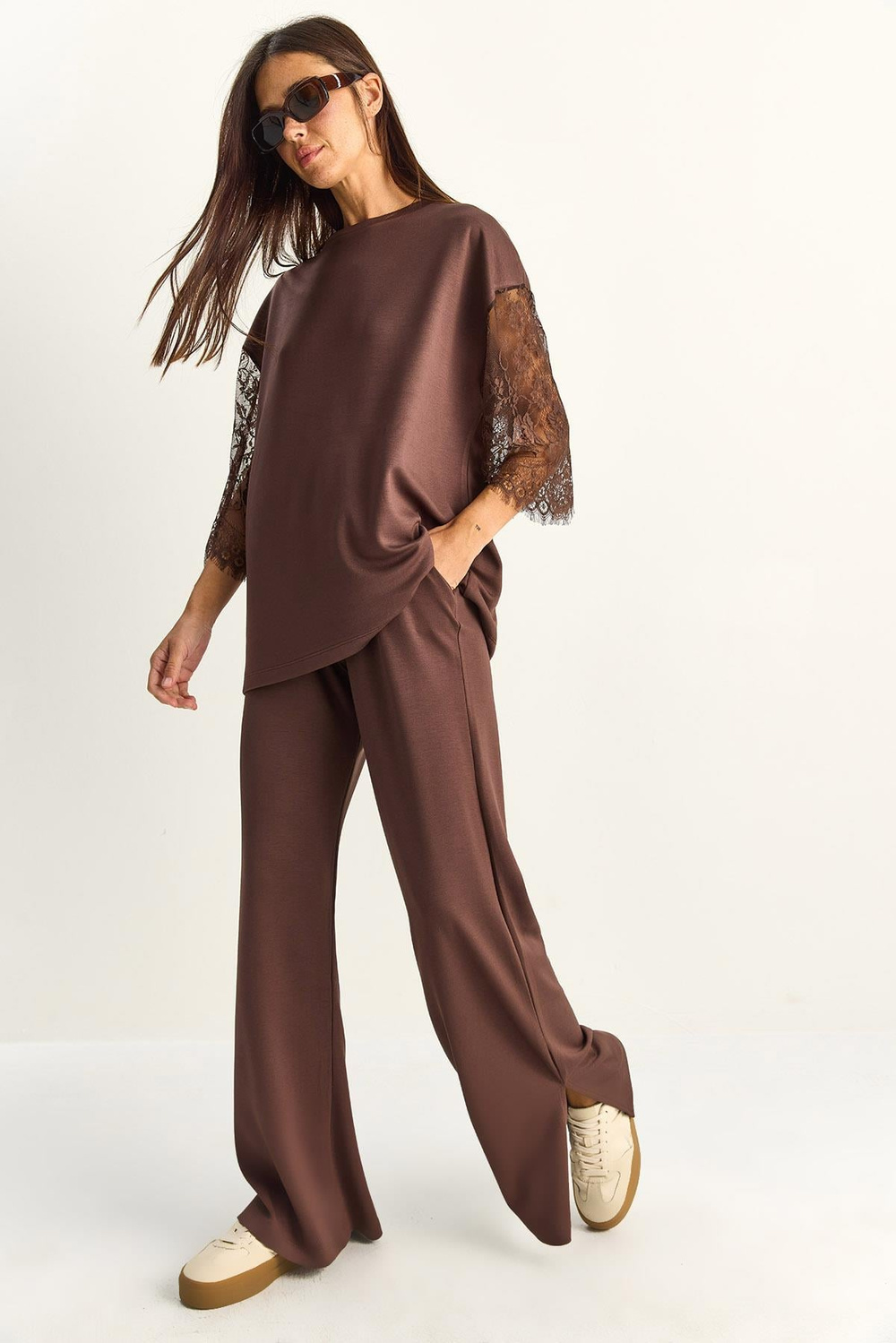 Kadın Kolları Dantelli Oversize Basic T-Shirt Beli Lastikli Bol Pantolon Alt-Üst Modal Takım 4115 60286085 - Acı Kahve
