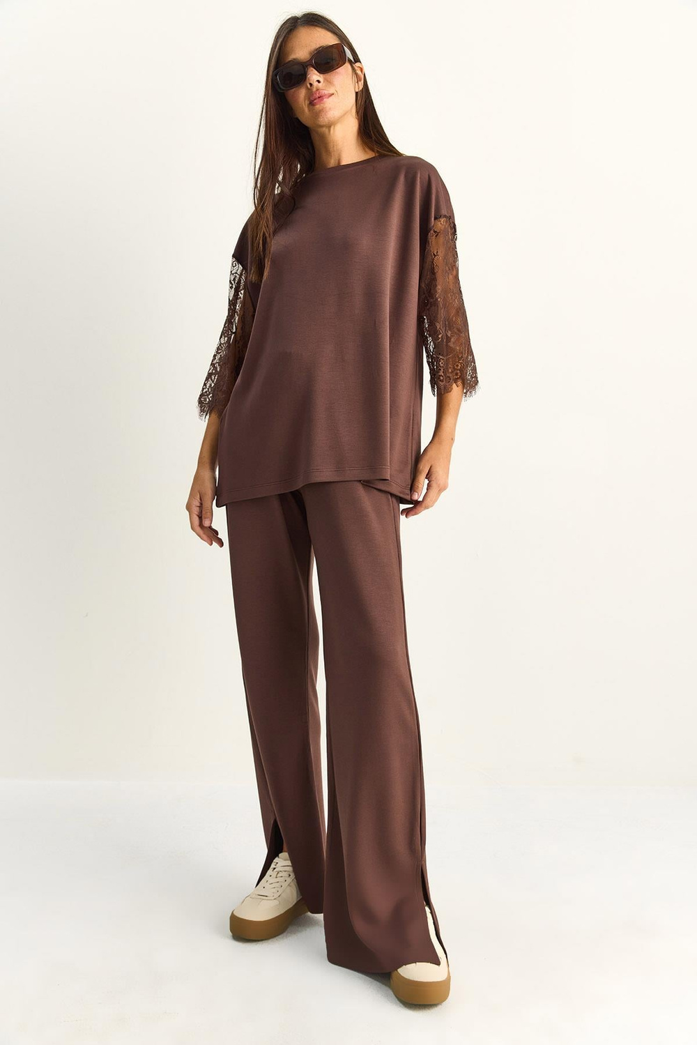 Kadın Kolları Dantelli Oversize Basic T-Shirt Beli Lastikli Bol Pantolon Alt-Üst Modal Takım 4115 60286085 - Acı Kahve