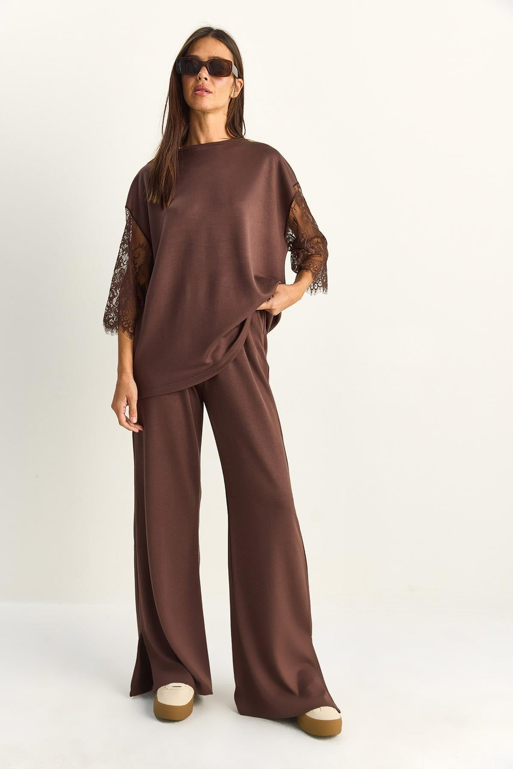 Kadın Kolları Dantelli Oversize Basic T-Shirt Beli Lastikli Bol Pantolon Alt-Üst Modal Takım 4115 60286085 - Acı Kahve
