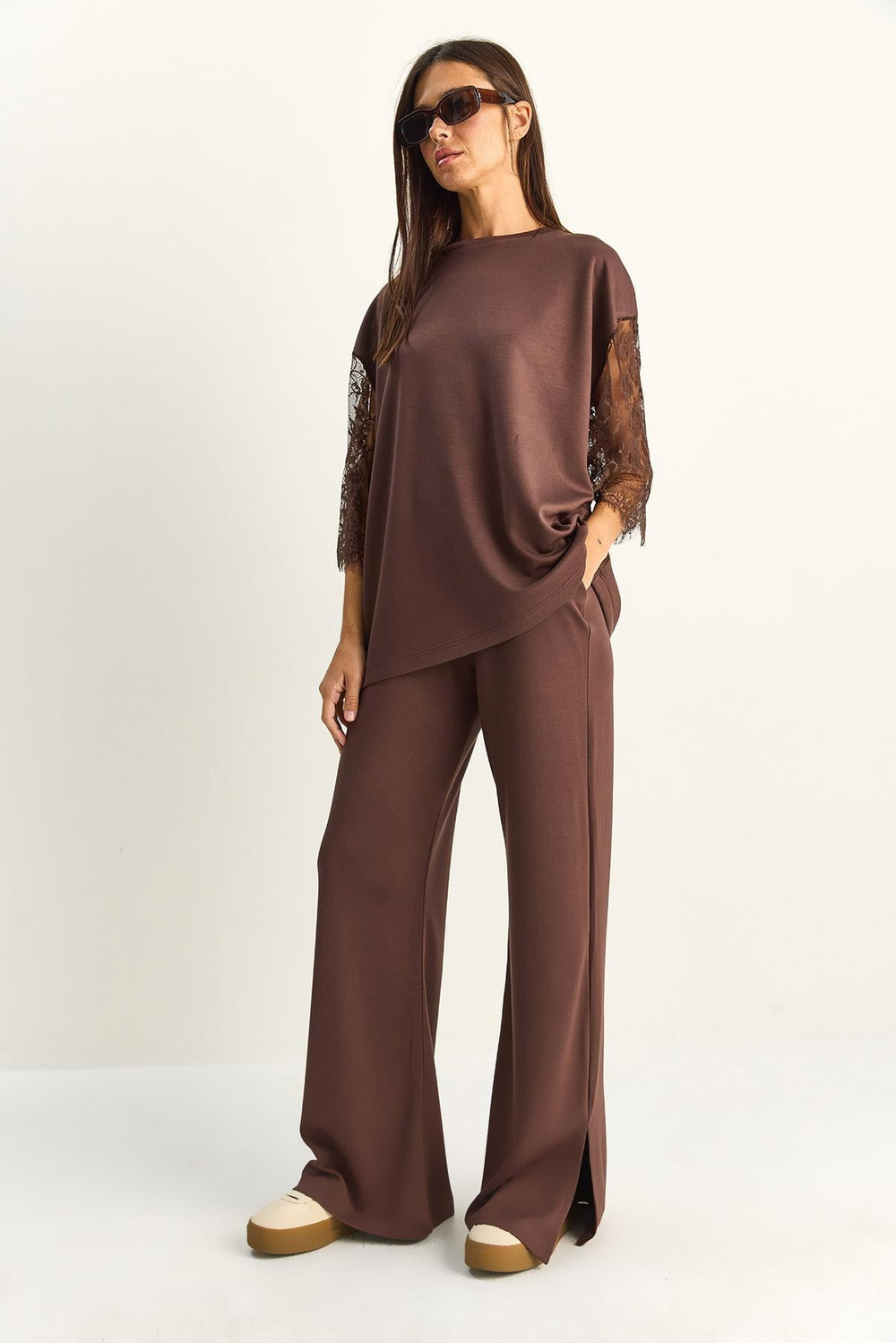 Kadın Kolları Dantelli Oversize Basic T-Shirt Beli Lastikli Bol Pantolon Alt-Üst Modal Takım 4115 60286085 - Acı Kahve