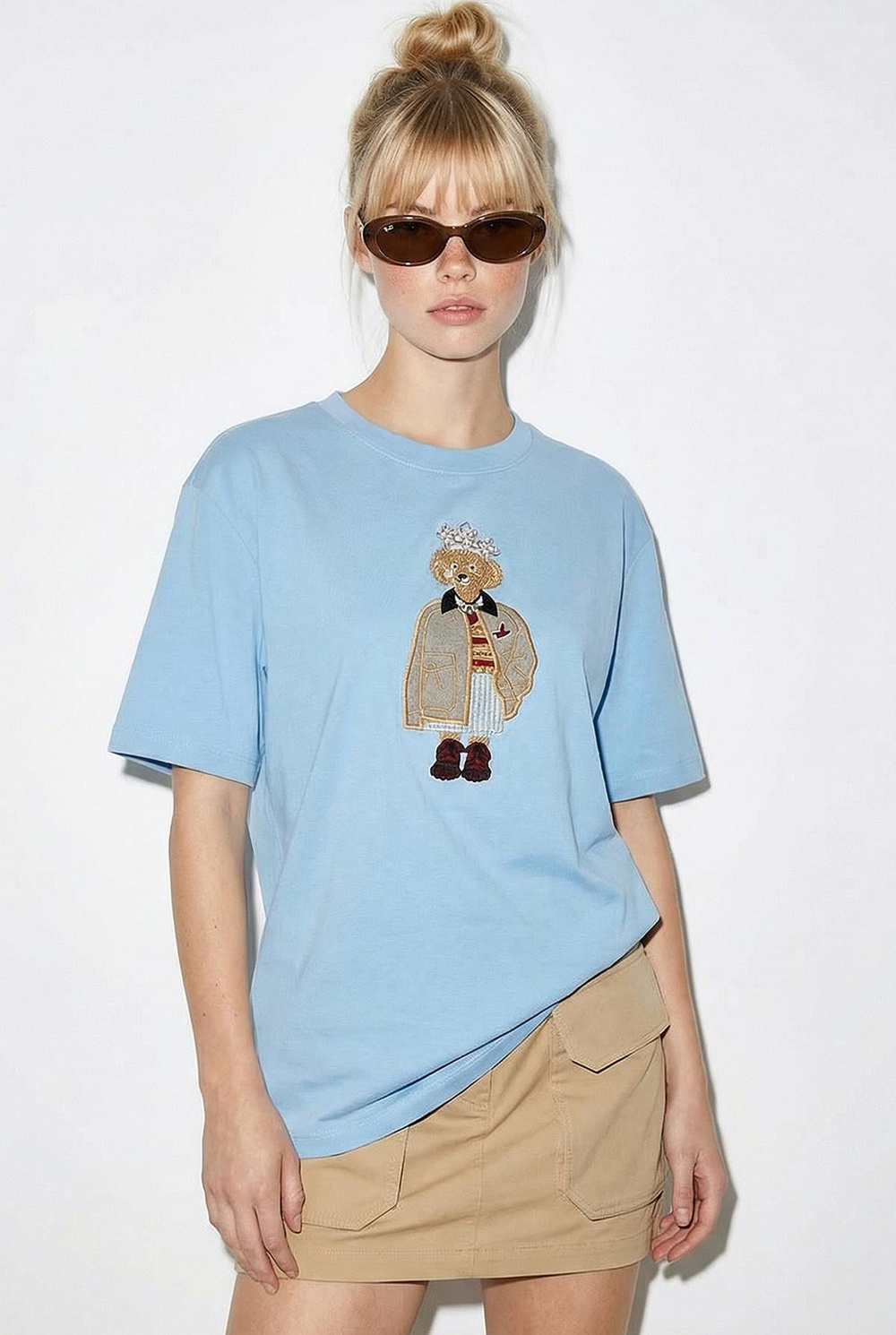 Kadın Köpek Nakışlı Taş İşlemeli Relaxed Fit %100 Pamuk T-Shirt 1077 60286067 - Bebe Mavisi