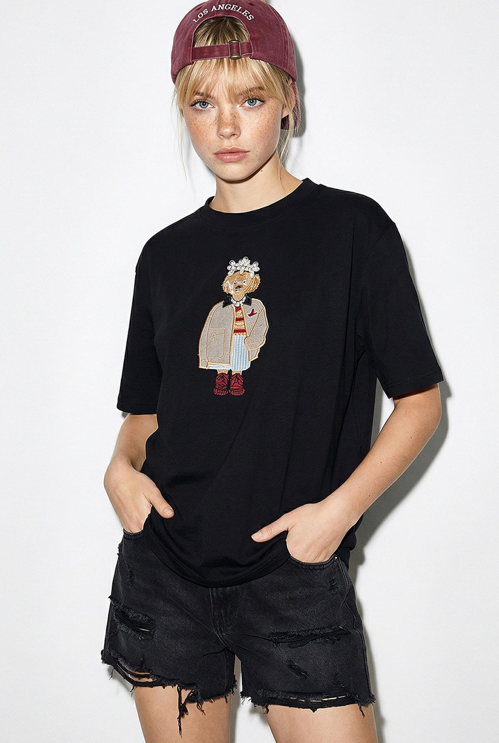Kadın Köpek Nakışlı Taş İşlemeli Relaxed Fit %100 Pamuk T-Shirt 1077 60286067 - Siyah