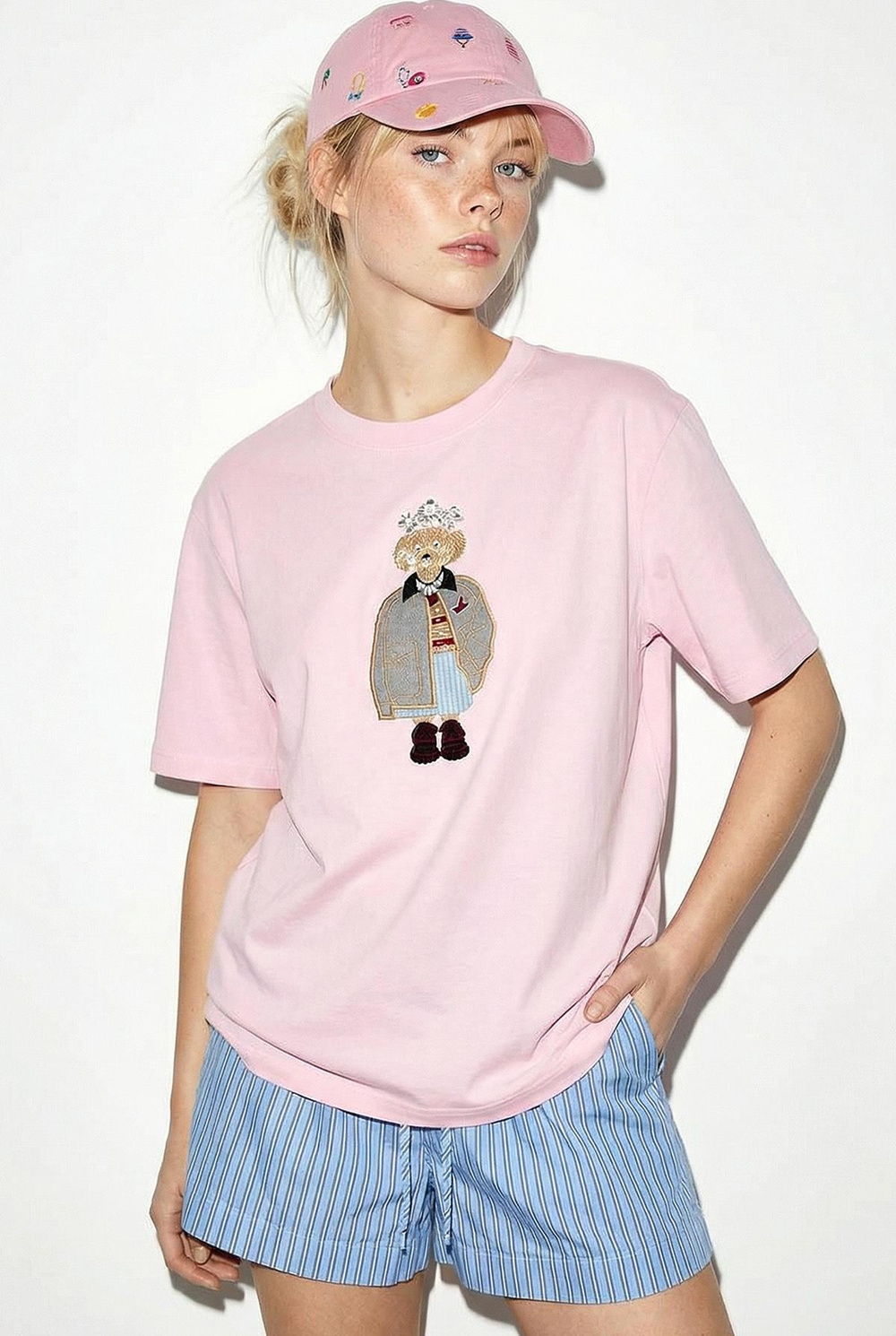 Kadın Köpek Nakışlı Taş İşlemeli Relaxed Fit %100 Pamuk T-Shirt 1077 60286067 - Pembe