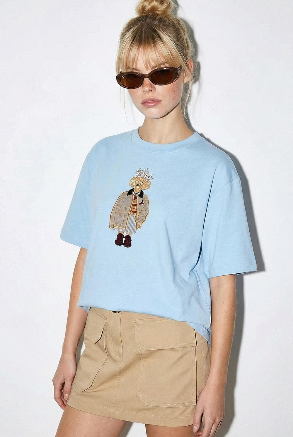 Kadın Köpek Nakışlı Taş İşlemeli Relaxed Fit %100 Pamuk T-Shirt 1077 60286067 - Bebe Mavisi