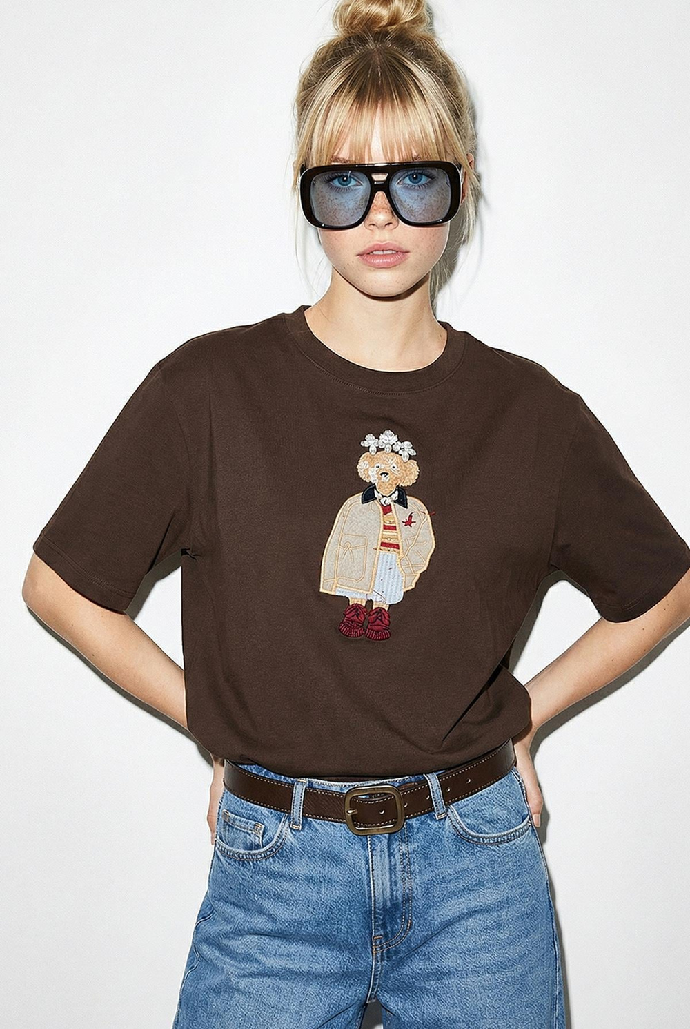 Kadın Köpek Nakışlı Taş İşlemeli Relaxed Fit %100 Pamuk T-Shirt 1077 60286067 - Acı Kahve