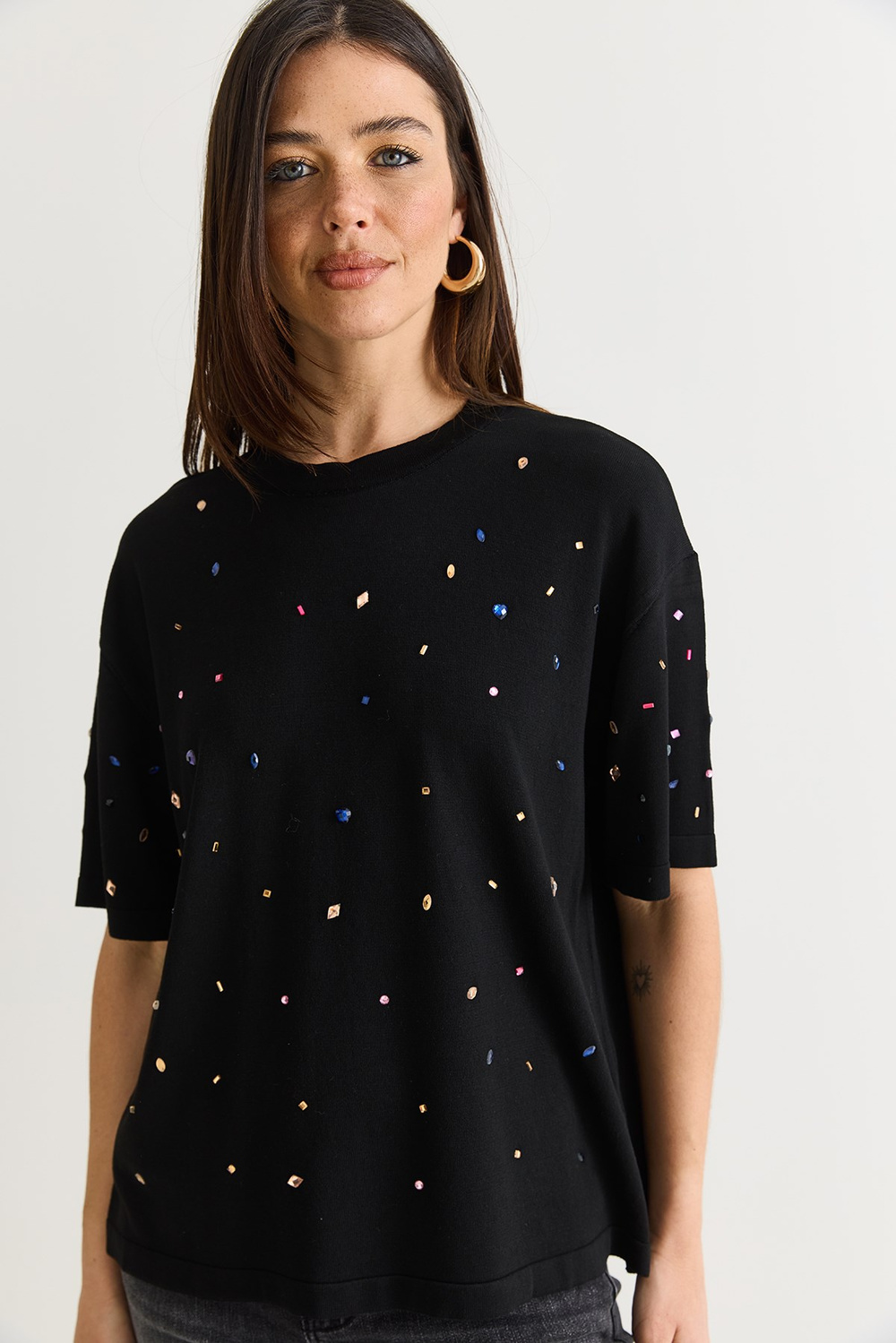 Kadın Kristal Taş Baskılı Oversize Merserize Kısa Kollu Bluz 2905 60286568 - Siyah