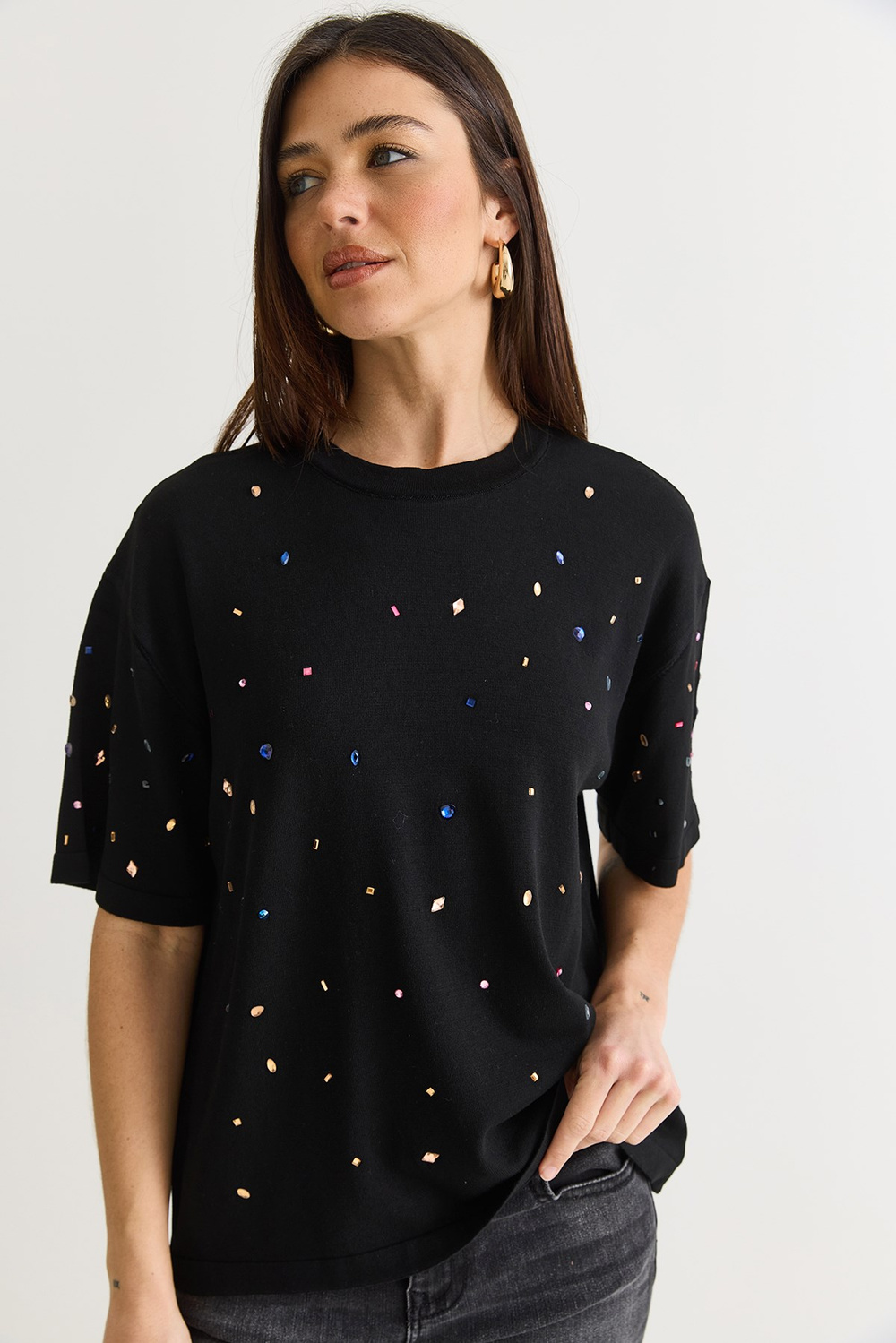 Kadın Kristal Taş Baskılı Oversize Merserize Kısa Kollu Bluz 2905 60286568 - Siyah