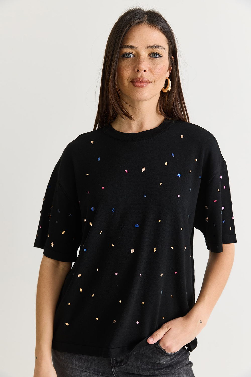 Kadın Kristal Taş Baskılı Oversize Merserize Kısa Kollu Bluz 2905 60286568 - Siyah