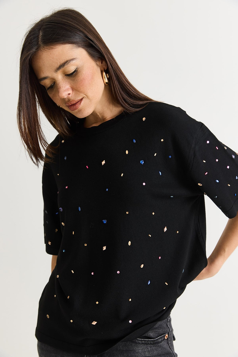 Kadın Kristal Taş Baskılı Oversize Merserize Kısa Kollu Bluz 2905 60286568 - Siyah