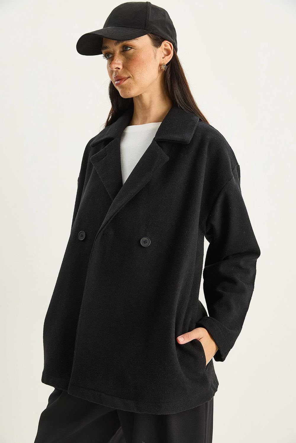 Kadın Kruvaze Yaka Cep Detaylı Kaşe Blazer Ceket 60283757 - Siyah