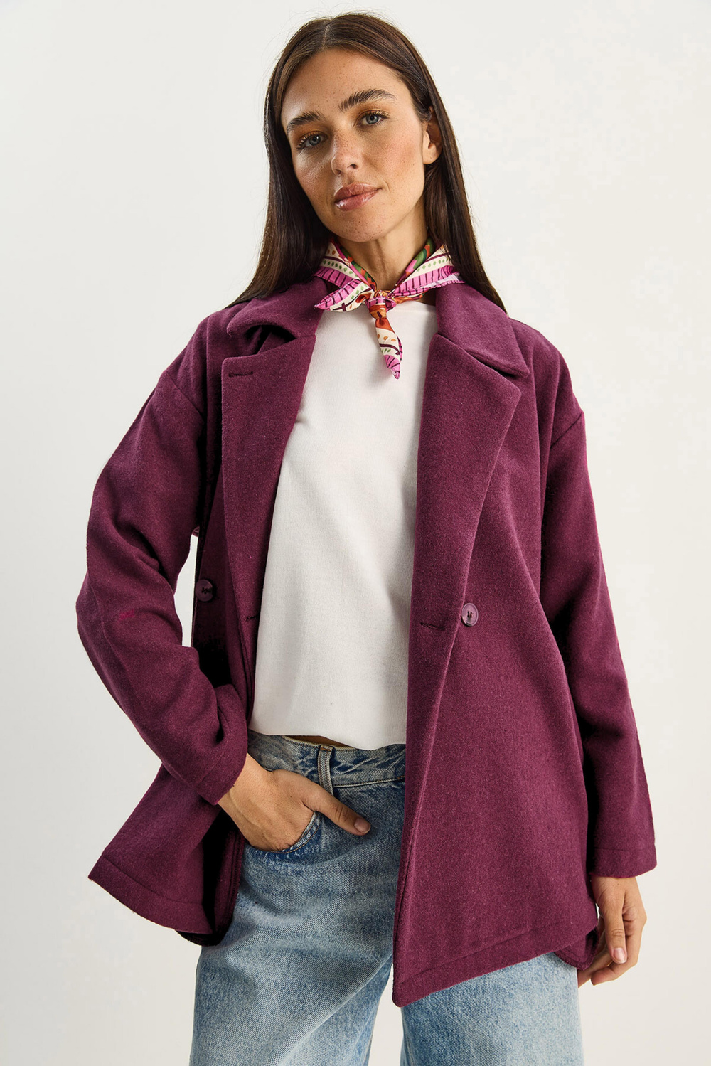 Kadın Kruvaze Yaka Cep Detaylı Kaşe Blazer Ceket 60283757 - Mor