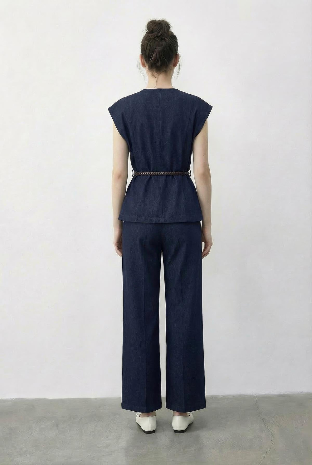 Kadın Kruvaze Yaka Saten Kuşaklı Yelek Bol Pantolon Alt-Üst Denim Takım 9415 60286044 - Lacivert