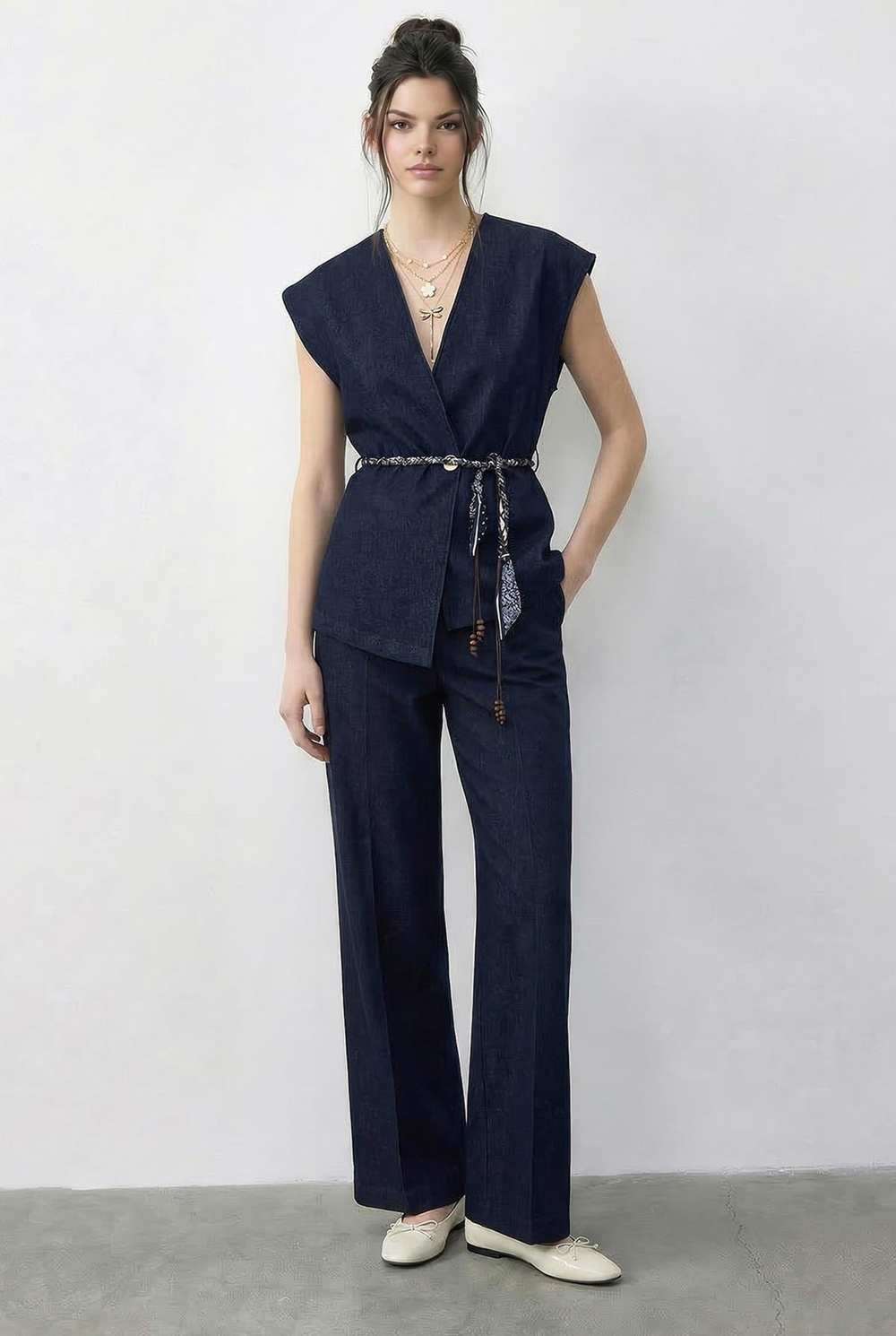 Kadın Kruvaze Yaka Saten Kuşaklı Yelek Bol Pantolon Alt-Üst Denim Takım 9415 60286044 - Lacivert