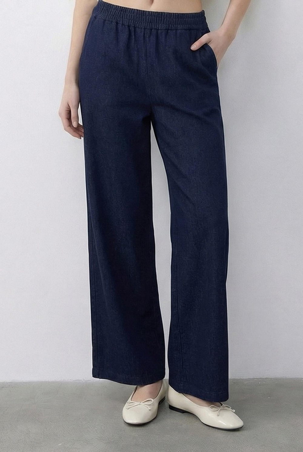 Kadın Kruvaze Yaka Saten Kuşaklı Yelek Bol Pantolon Alt-Üst Denim Takım 9415 60286044 - Lacivert