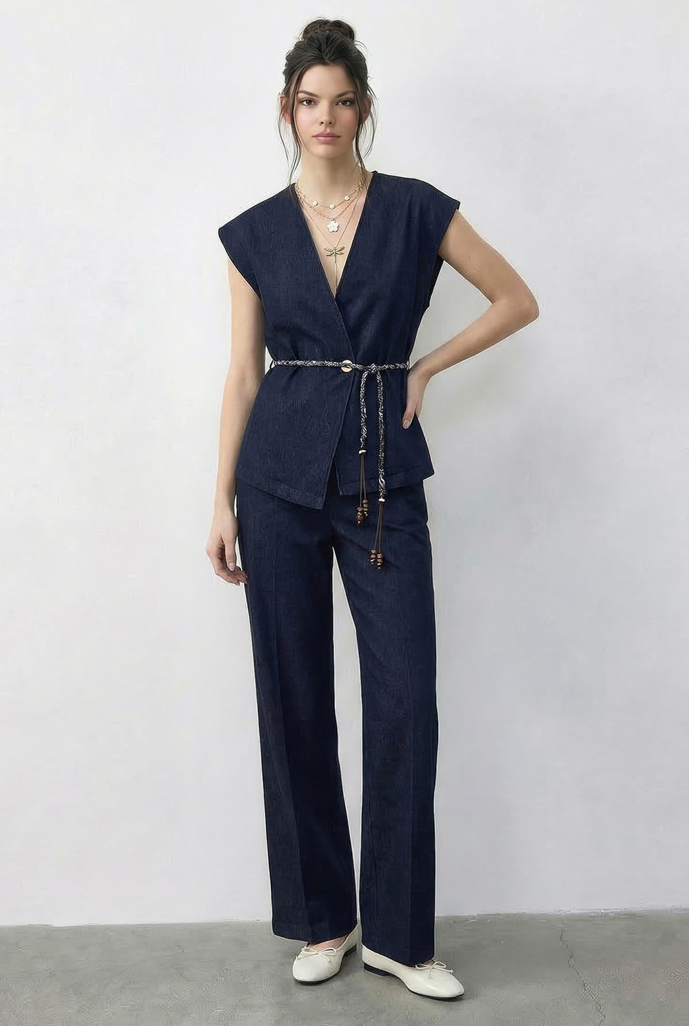 Kadın Kruvaze Yaka Saten Kuşaklı Yelek Bol Pantolon Alt-Üst Denim Takım 9415 60286044 - Lacivert