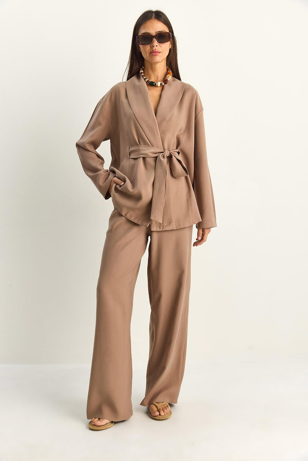 Kadın Kuşaklı Kimono Beli Lastikli Cep Detaylı Bol Palazzo Pantolon Modal Takım 9422 60286156 - Sütlü Kahve