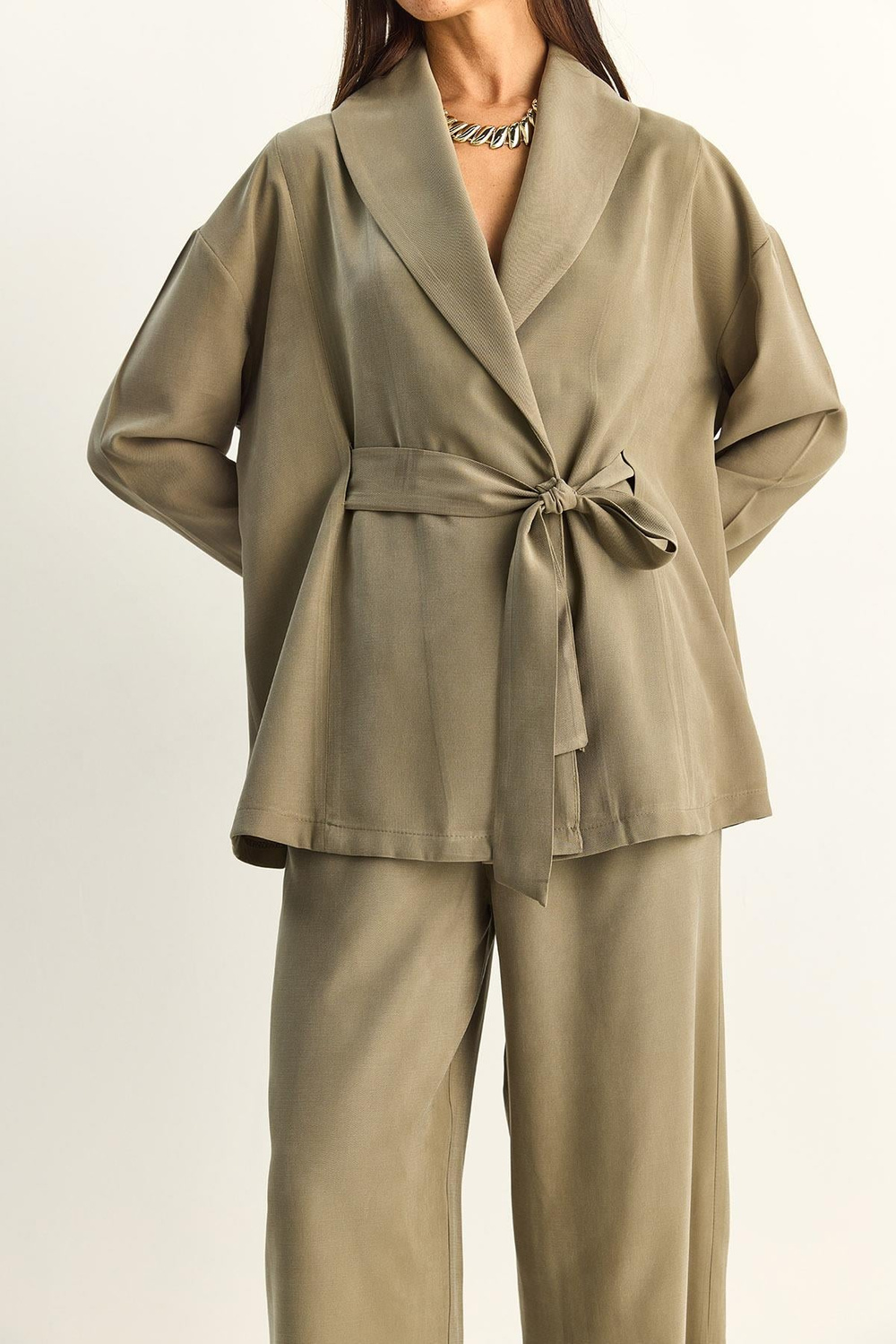 Kadın Kuşaklı Kimono Beli Lastikli Cep Detaylı Bol Palazzo Pantolon Modal Takım 9422 60286156 - Çağla Yeşili