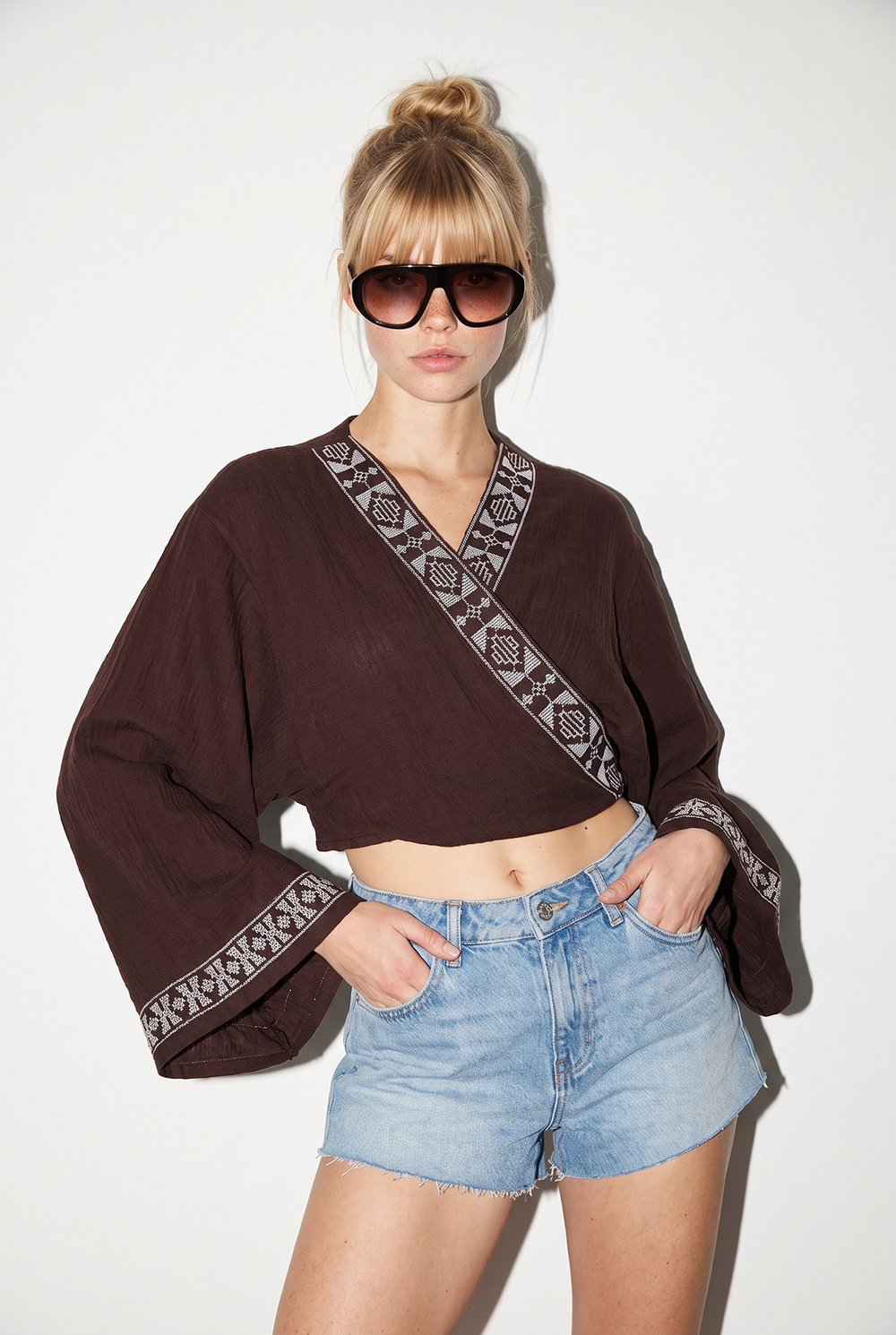 Kadın Nakış İşlemeli Bağlama Detaylı Geniş Kollu Müslin Kimono Bluz 7014 60283386 - Acı Kahve
