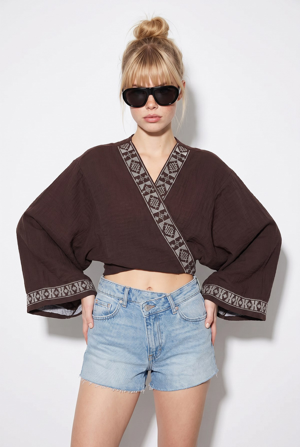 Kadın Nakış İşlemeli Bağlama Detaylı Geniş Kollu Müslin Kimono Bluz 7014 60283386 - Acı Kahve