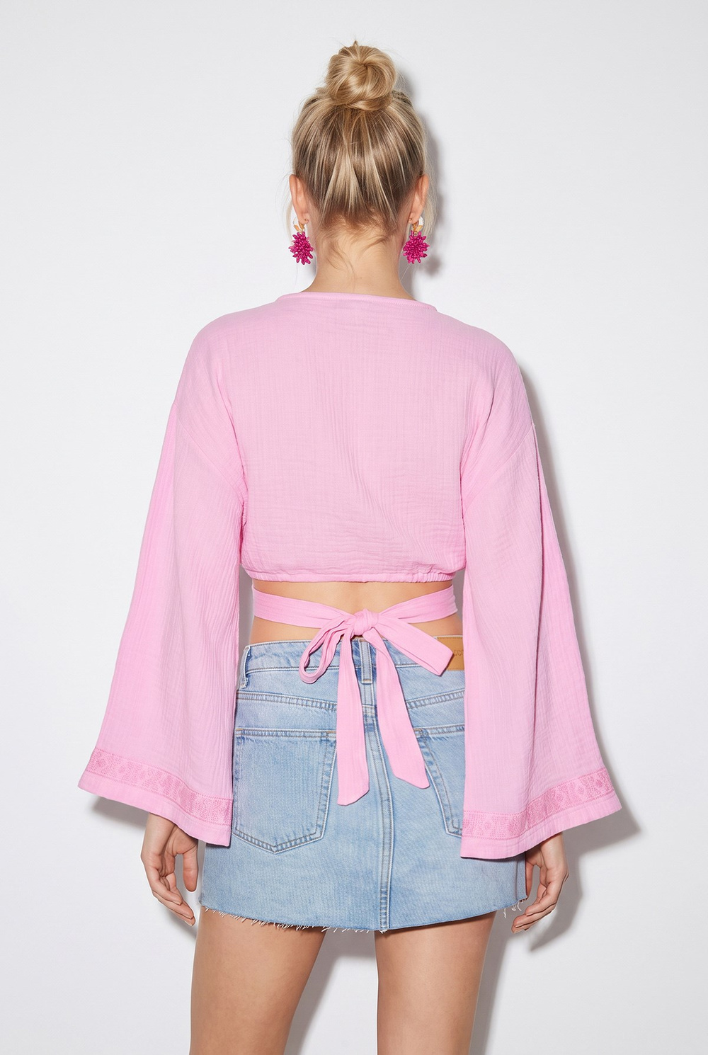 Kadın Nakış İşlemeli Bağlama Detaylı Geniş Kollu Müslin Kimono Bluz 7014 60283386 - Pudra