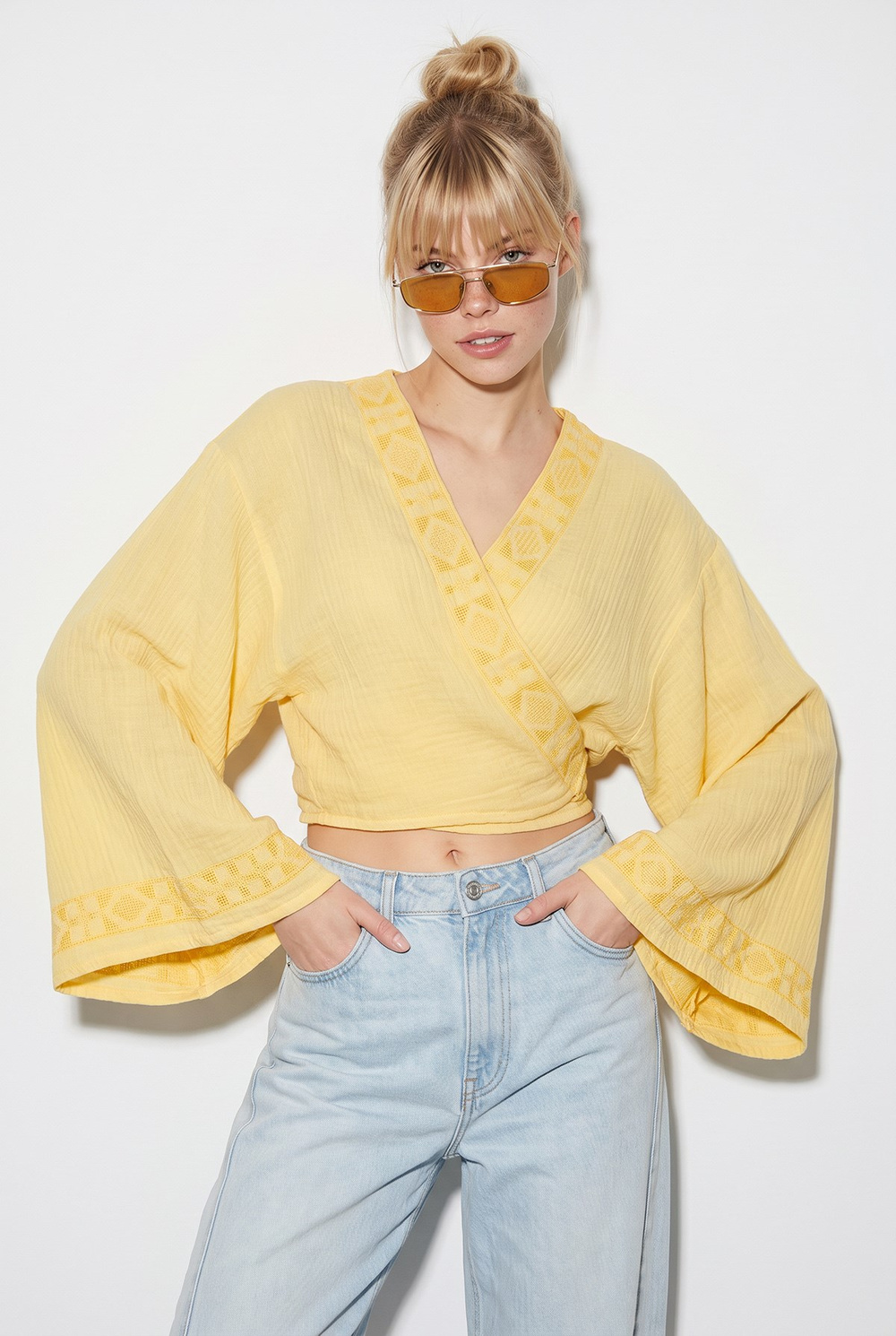 Kadın Nakış İşlemeli Bağlama Detaylı Geniş Kollu Müslin Kimono Bluz 7014 60283386 - Sarı
