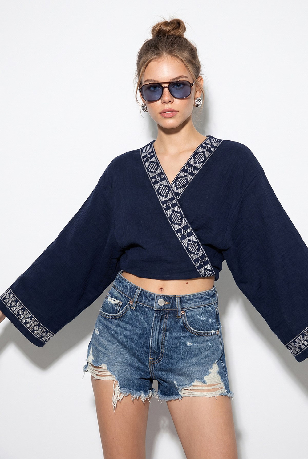 Kadın Nakış İşlemeli Bağlama Detaylı Geniş Kollu Müslin Kimono Bluz 7014 60283386 - Lacivert