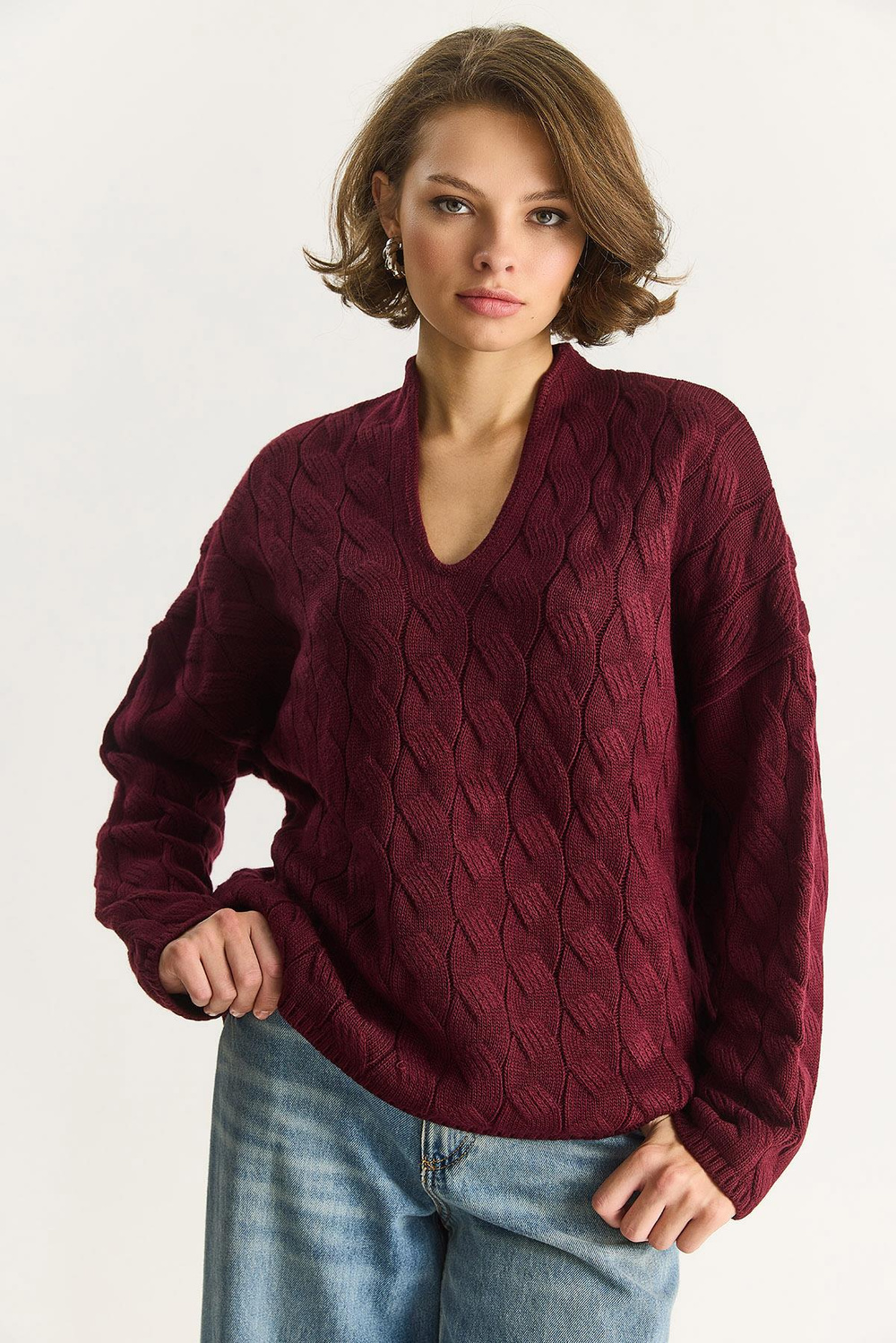 Kadın Oval Yaka Saç Örgü Oversize Triko Kazak TK241277 60284091 - Bordo
