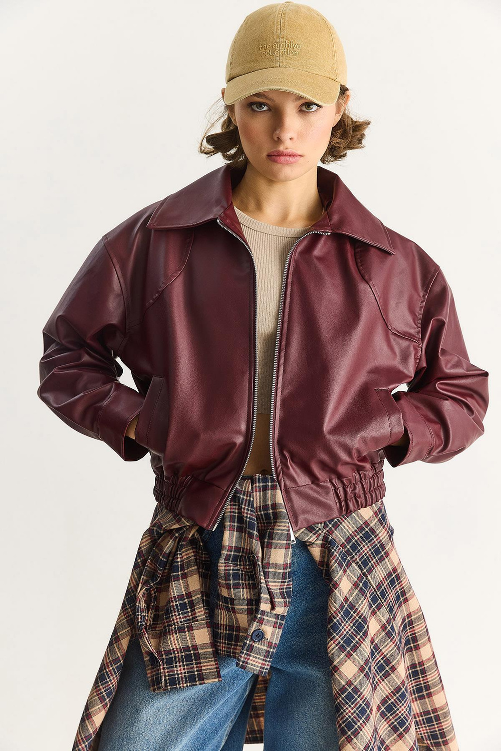 Kadın Oversize Belli Lastikli Suni Deri Bomber Ceket 3128 60283558 - Bordo