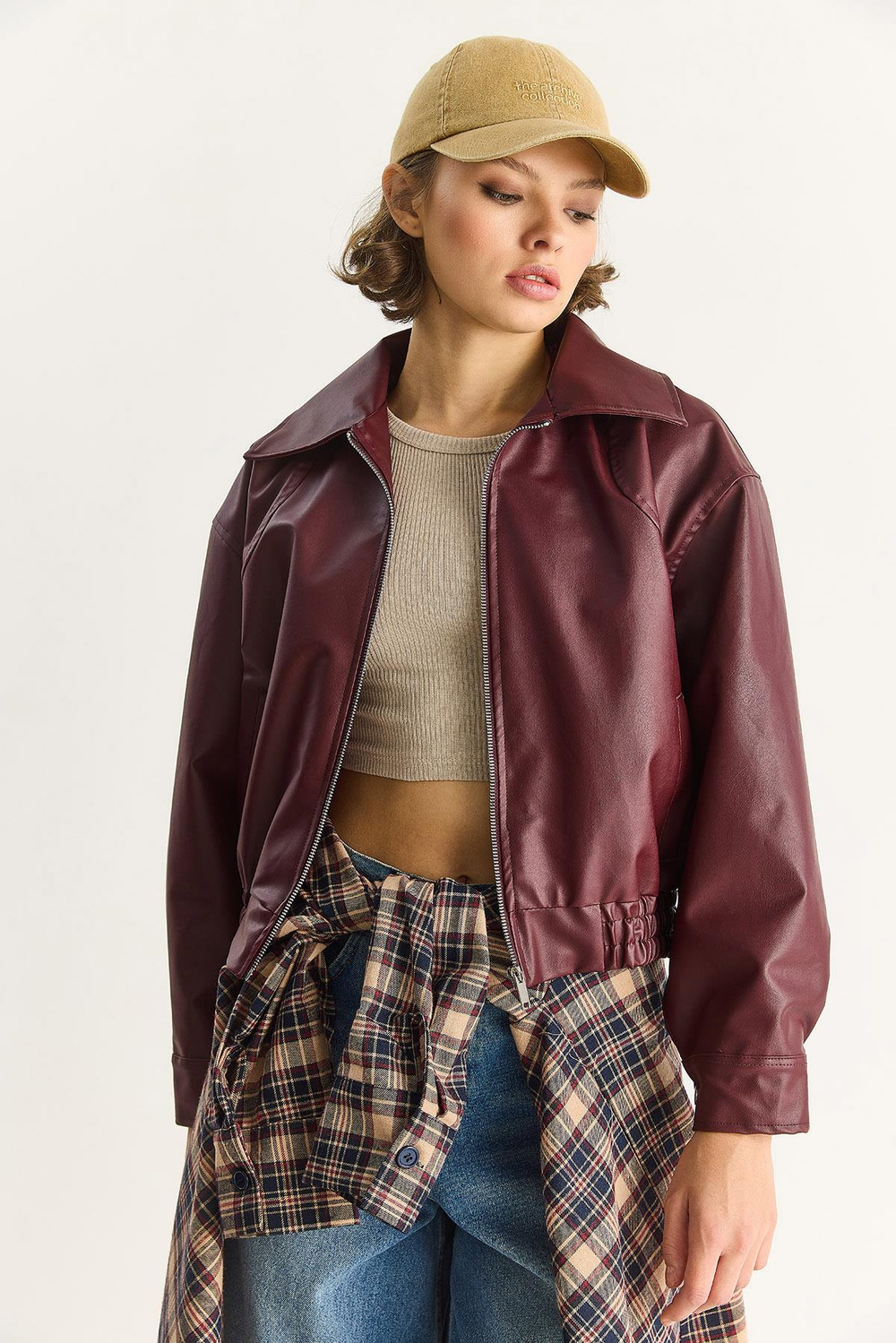 Kadın Oversize Belli Lastikli Suni Deri Bomber Ceket 3128 60283558 - Bordo