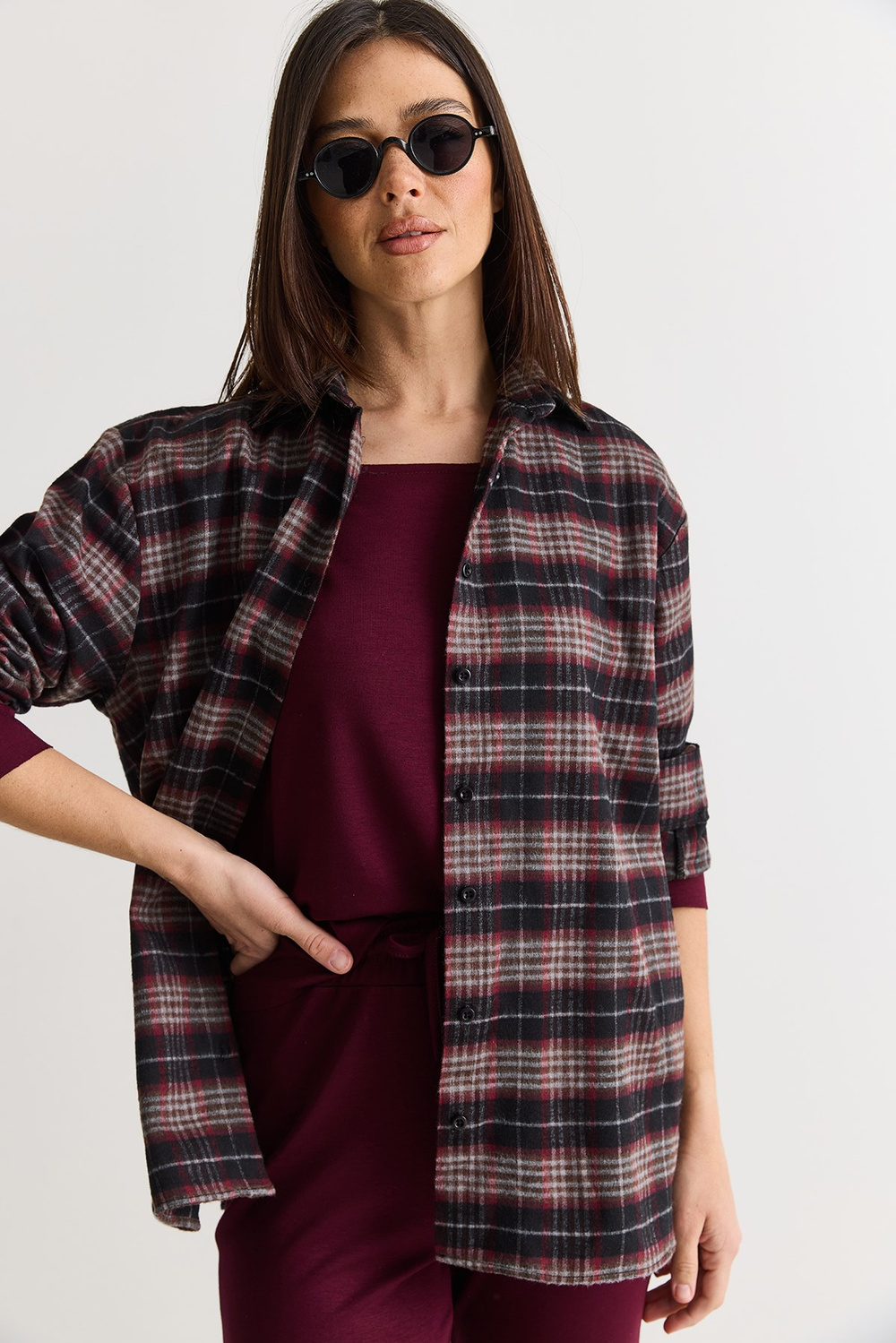 Kadın Oversize Ekose Desenli Oduncu Gömlek DG261035 60286552 - Siyah-Gri