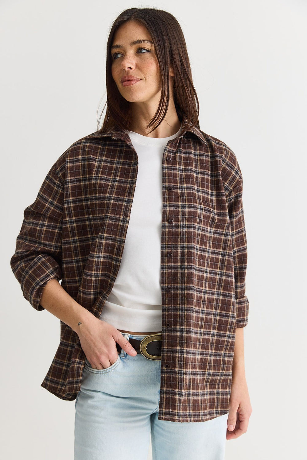 Kadın Oversize Ekose Desenli Oduncu Gömlek DG261035 60286552 - Kahverengi-Vizon