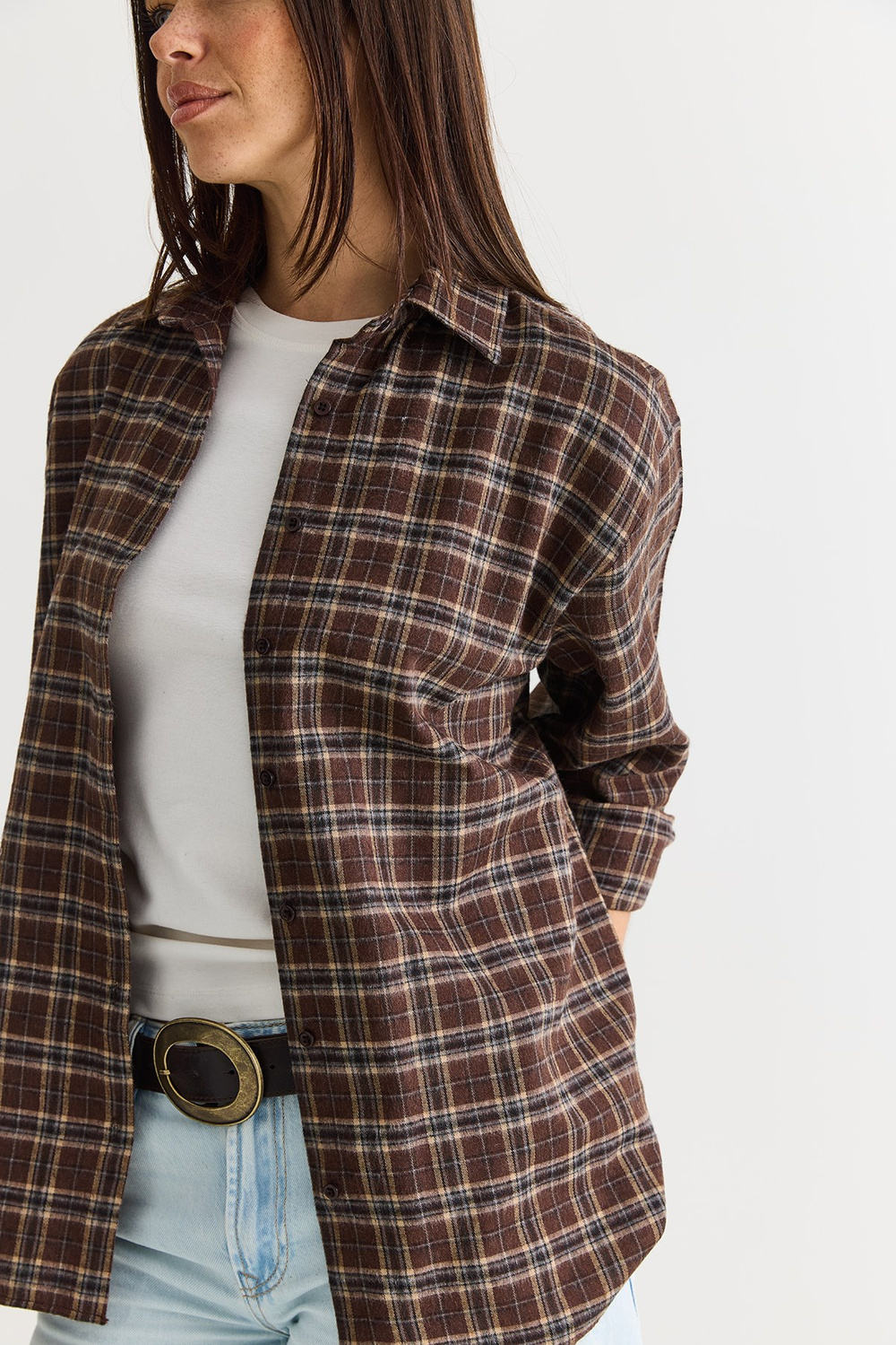 Kadın Oversize Ekose Desenli Oduncu Gömlek DG261035 60286552 - Kahverengi-Vizon