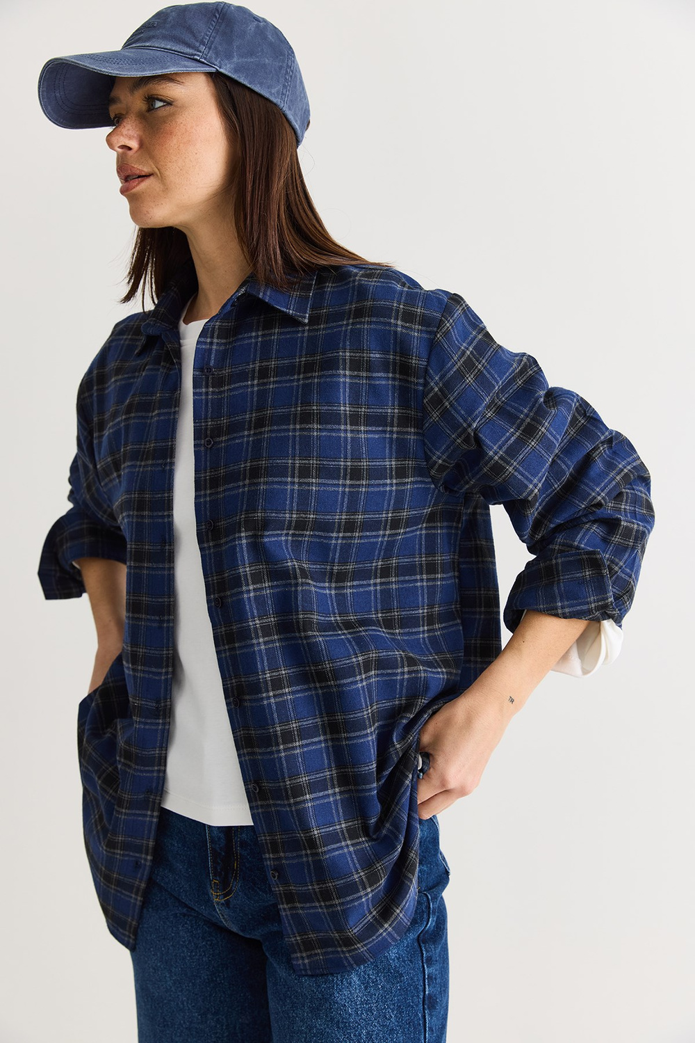 Kadın Oversize Ekose Desenli Oduncu Gömlek DG261035 60286552 - Gri-Lacivert